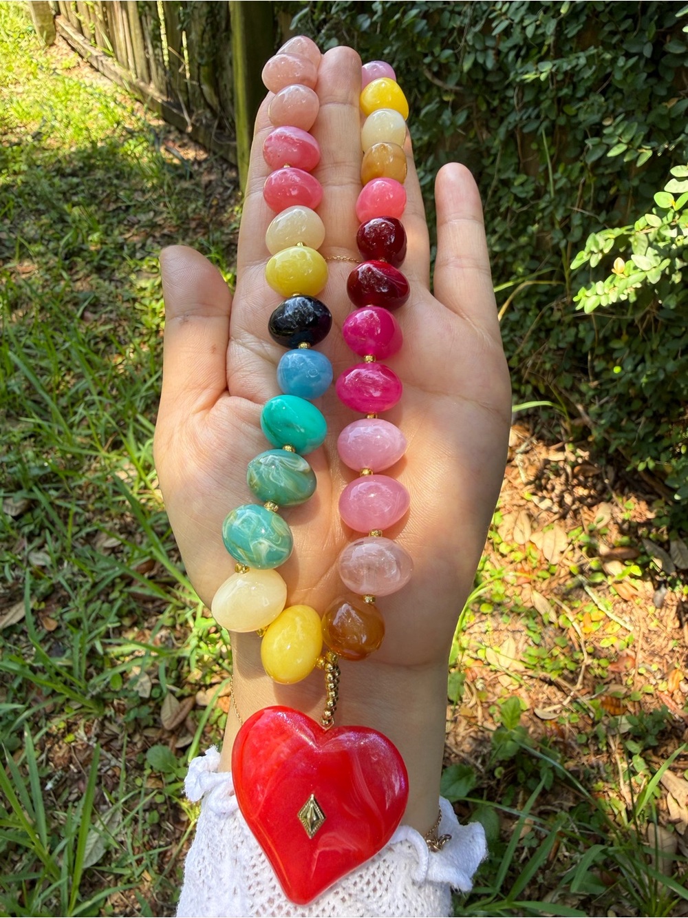 Rainbow Beaded Necklace with Pink Heart Pendant - Picture 6 of 7